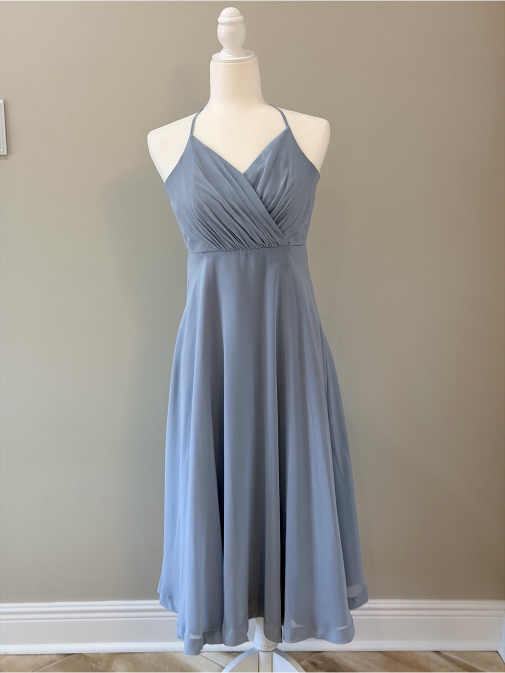 David's Bridal Dusty Blue Spaghetti Strap Midi Dress